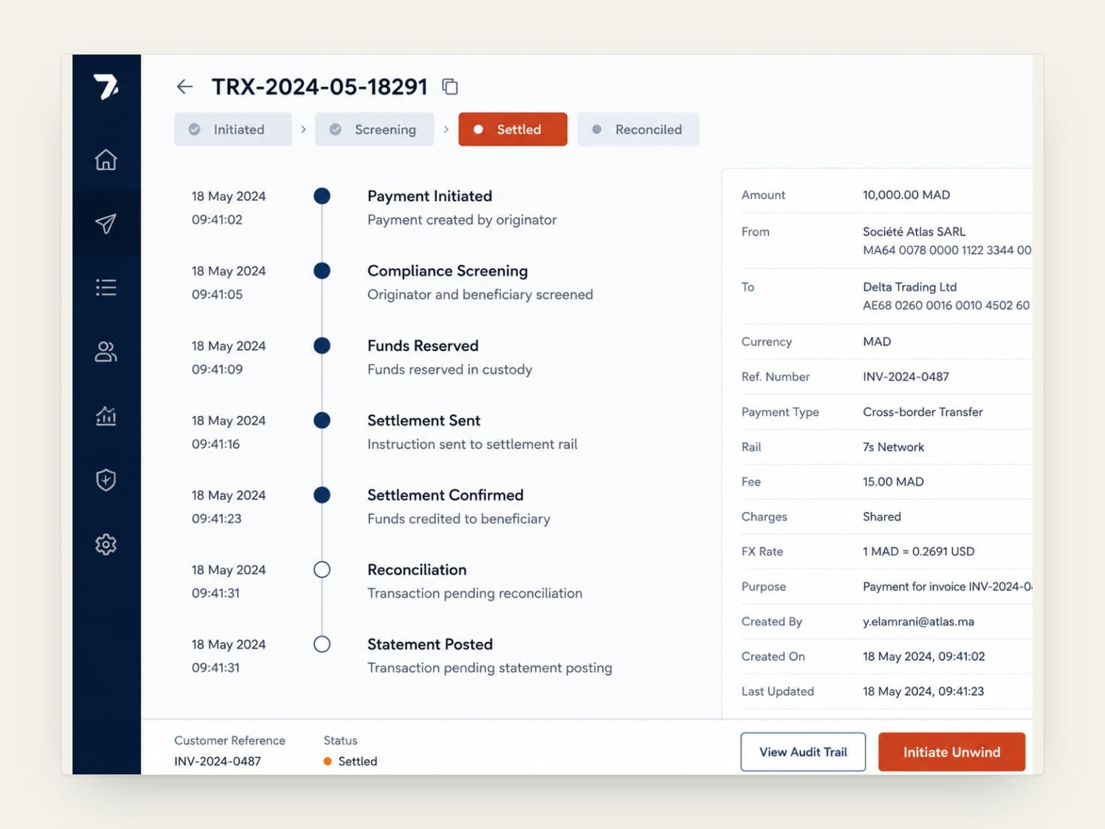 A single transfer in the settlement console, showing its compliance timeline and the control to unwind it
